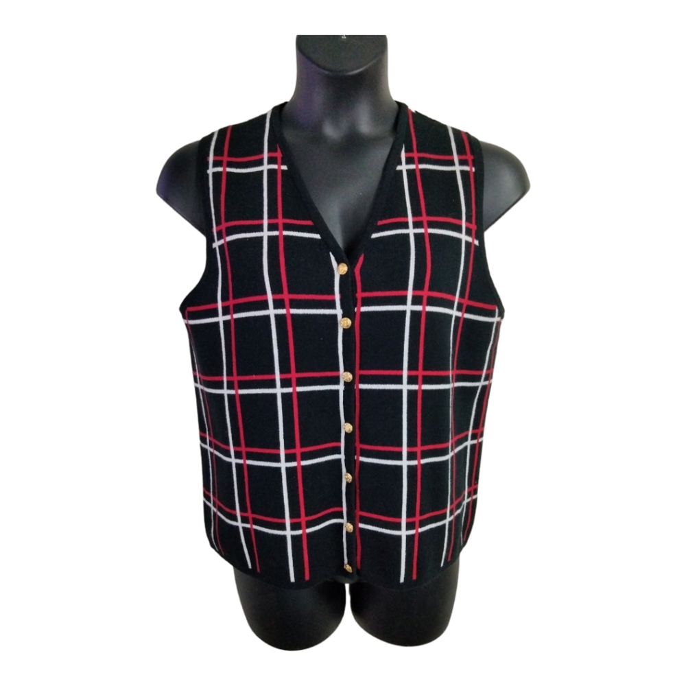 Liz Baker Sz Medium Black red white and Gold button down cotton sweater vest